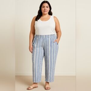 Westbound 3X Blue White Striped Linen Blend Pants Pockets Elastic Waist